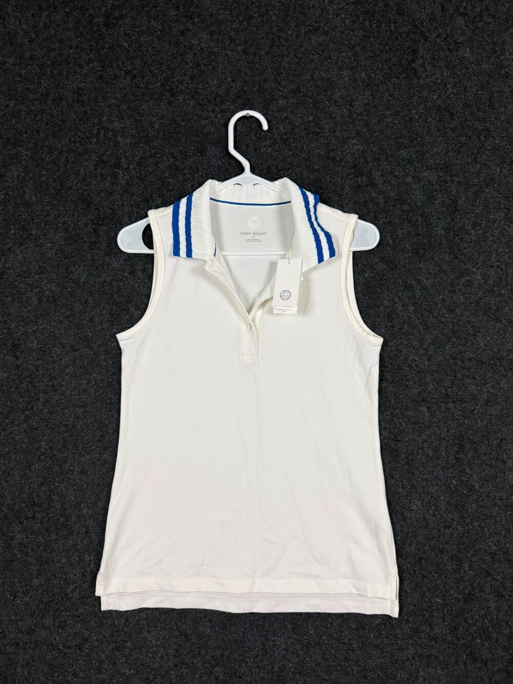 Tory Sport Performance Pique Sleeveless Polo White Blue NWT Women's S